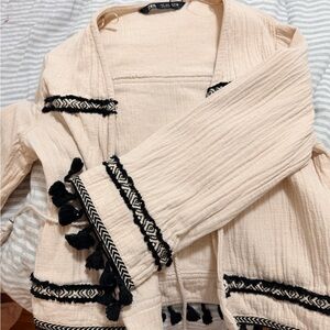 Zara Cream Black Fringe Boho Topper Jacket Women